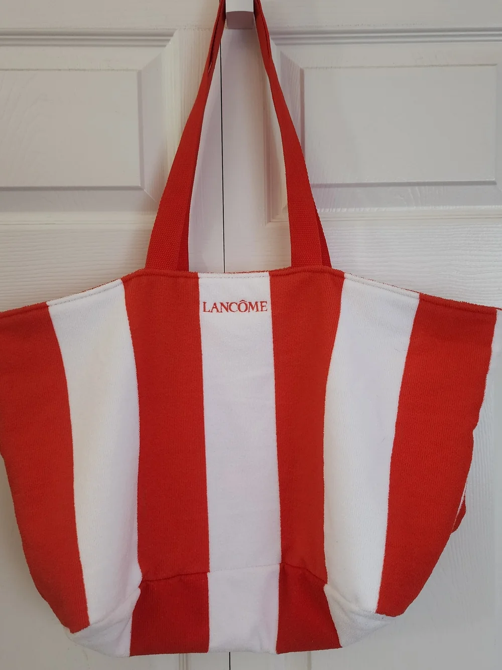 Lancome Orange/Red White Striped Terrycloth Towel Beach Swim Tote Bag